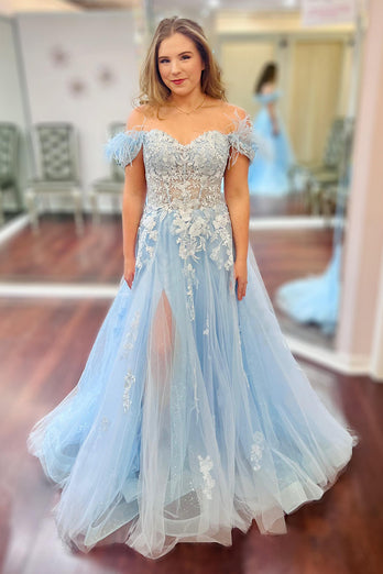 Glitter Off The Shoulder Light Blue Corset Prom Dress with Appliques