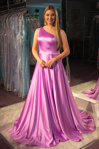 A-Line One Shoulder Purple Long Prom Dress