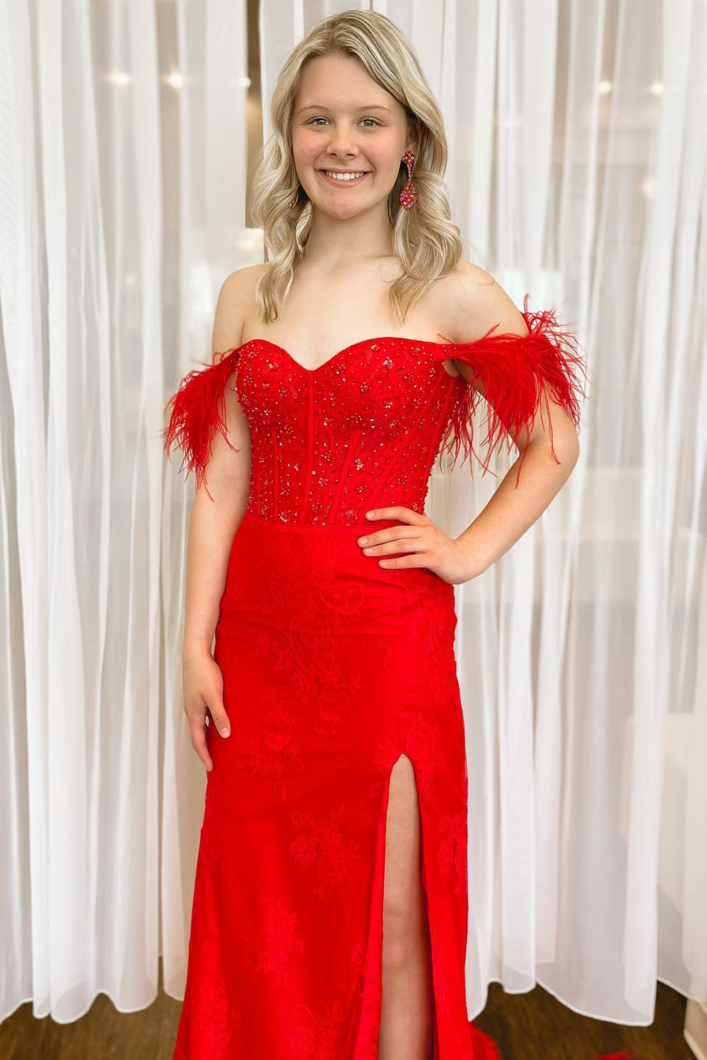 Off the Shoulder Red Corset Prom Dress with Slit