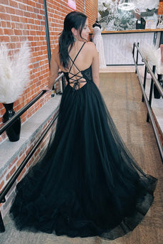 Tulle Spaghetti Straps Lace-Up Back Black Long Prom Dress with Slit