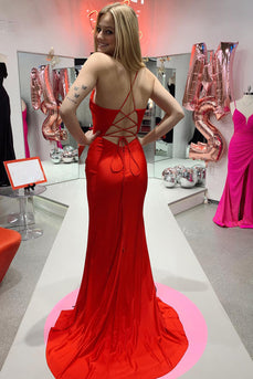 Satin Mermaid Red Corset Prom Dress with Slit