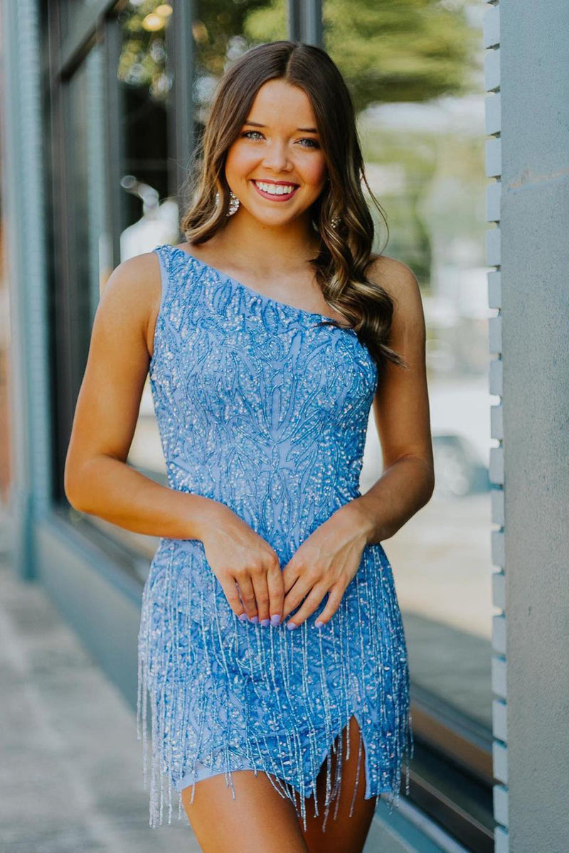 Load image into Gallery viewer, Sparkly Blue Beaded Fringed Tight Short Party Dress