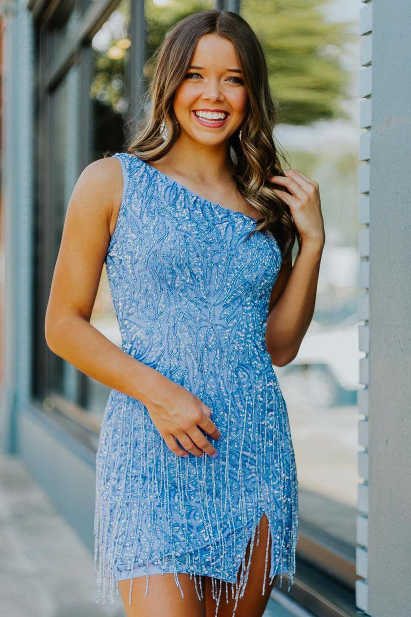 Load image into Gallery viewer, Sparkly Blue Beaded Fringed Tight Short Party Dress