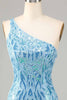 Load image into Gallery viewer, Sparkly Blue Beaded Fringed Tight Short Party Dress