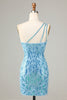 Load image into Gallery viewer, Sheath One Shoulder Blue Sequins Short Party Dress with Tassel