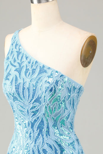Sheath One Shoulder Blue Sequins Short Party Dress with Tassel