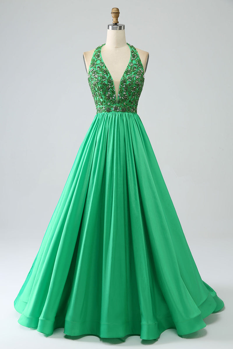 Load image into Gallery viewer, Satin Green Halter Prom Dress with Beading