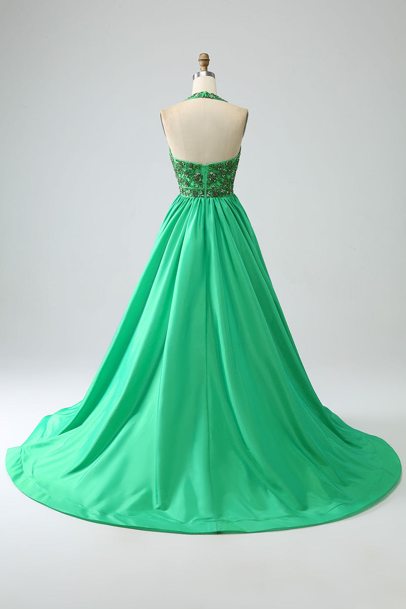 Load image into Gallery viewer, Satin Green Halter Prom Dress with Beading