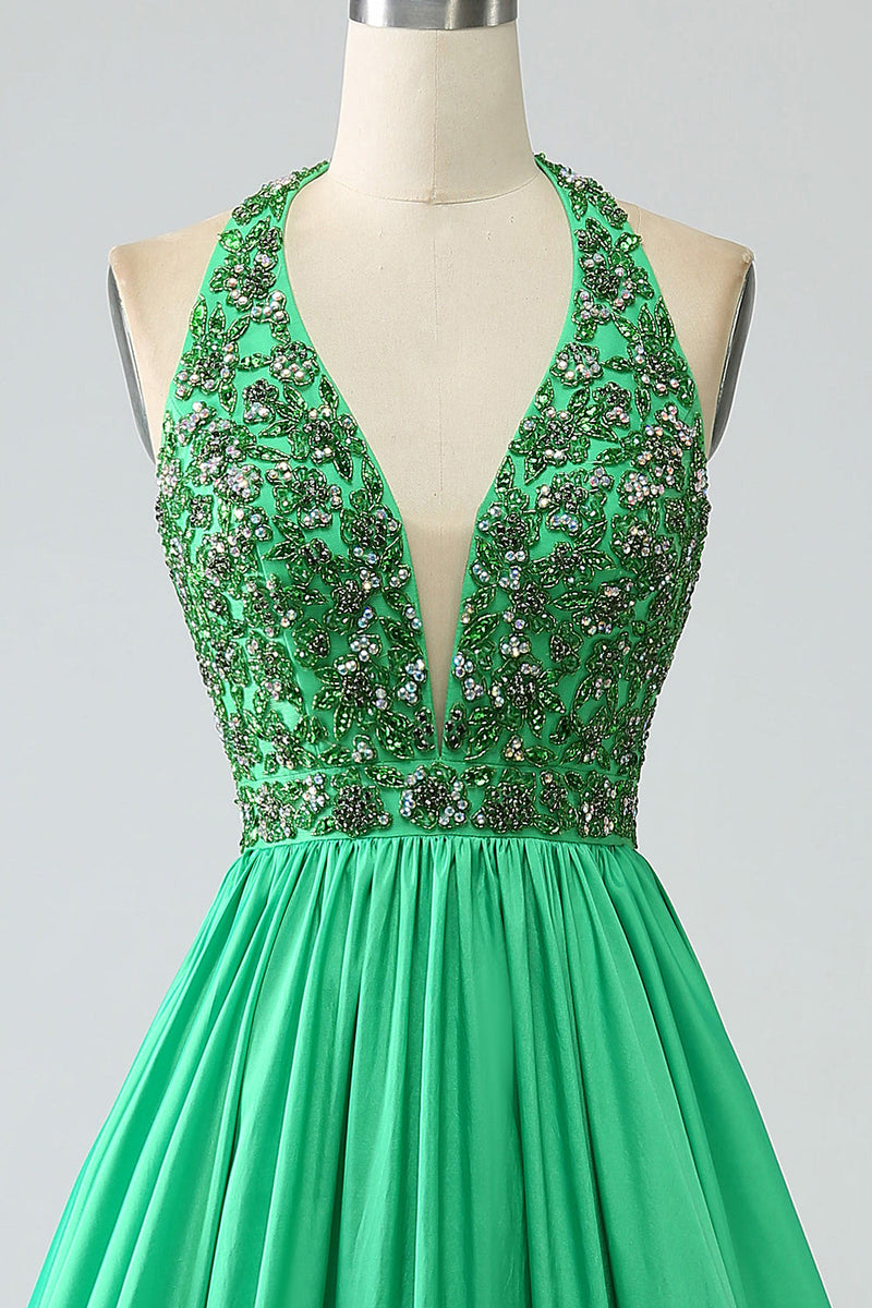 Load image into Gallery viewer, Satin Green Halter Prom Dress with Beading