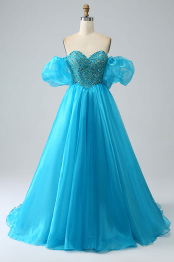 Blue Beaded Corset Prom Dress with Detachable Sleeves