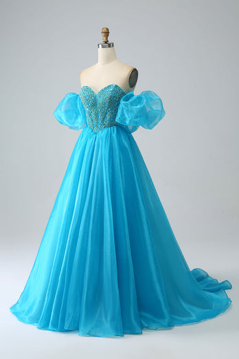 Blue Beaded Corset Prom Dress with Detachable Sleeves