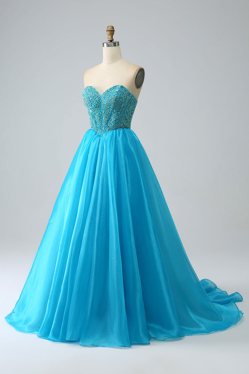 Load image into Gallery viewer, Blue Beaded Corset Prom Dress with Detachable Sleeves