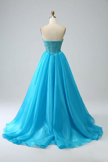 Blue Beaded Corset Prom Dress with Detachable Sleeves