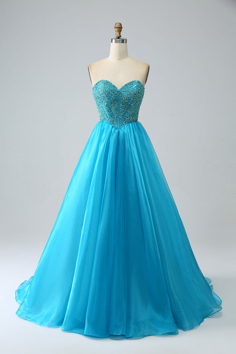 Load image into Gallery viewer, Blue Beaded Corset Prom Dress with Detachable Sleeves