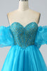 Load image into Gallery viewer, Blue Beaded Corset Prom Dress with Detachable Sleeves