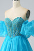 Load image into Gallery viewer, Blue Beaded Corset Prom Dress with Detachable Sleeves