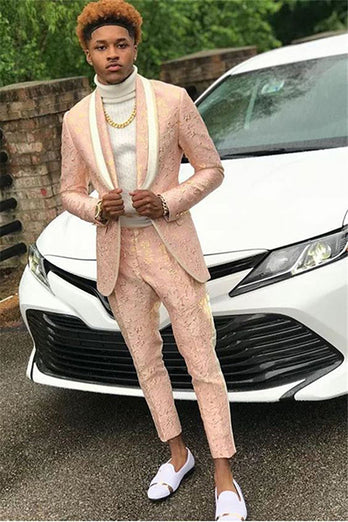 Queendancer Men Light Pink Prom Suits 2 Piece Shawl Lapel Jacquard Slim ...