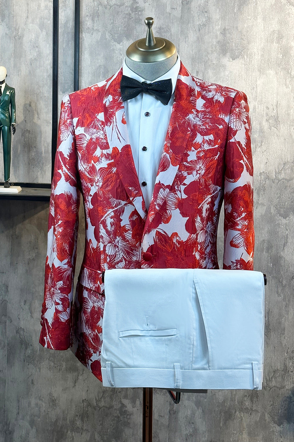 Red Floral Jacquard 2 Piece Men Prom Suits