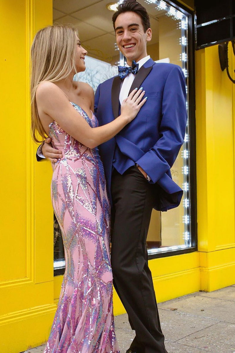 Load image into Gallery viewer, Blue Patchwork Peak Lapel 3 Piece Prom Homecoming Suits