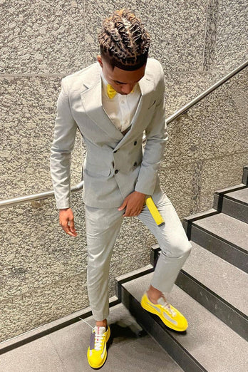 Light Grey Notched Lapel Double Breasted 2 Piece Prom Suits For Men