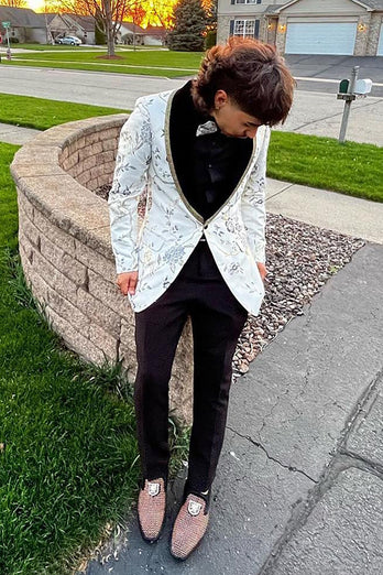 Shawl Lapel One Button White Printed Men's Prom Blazer