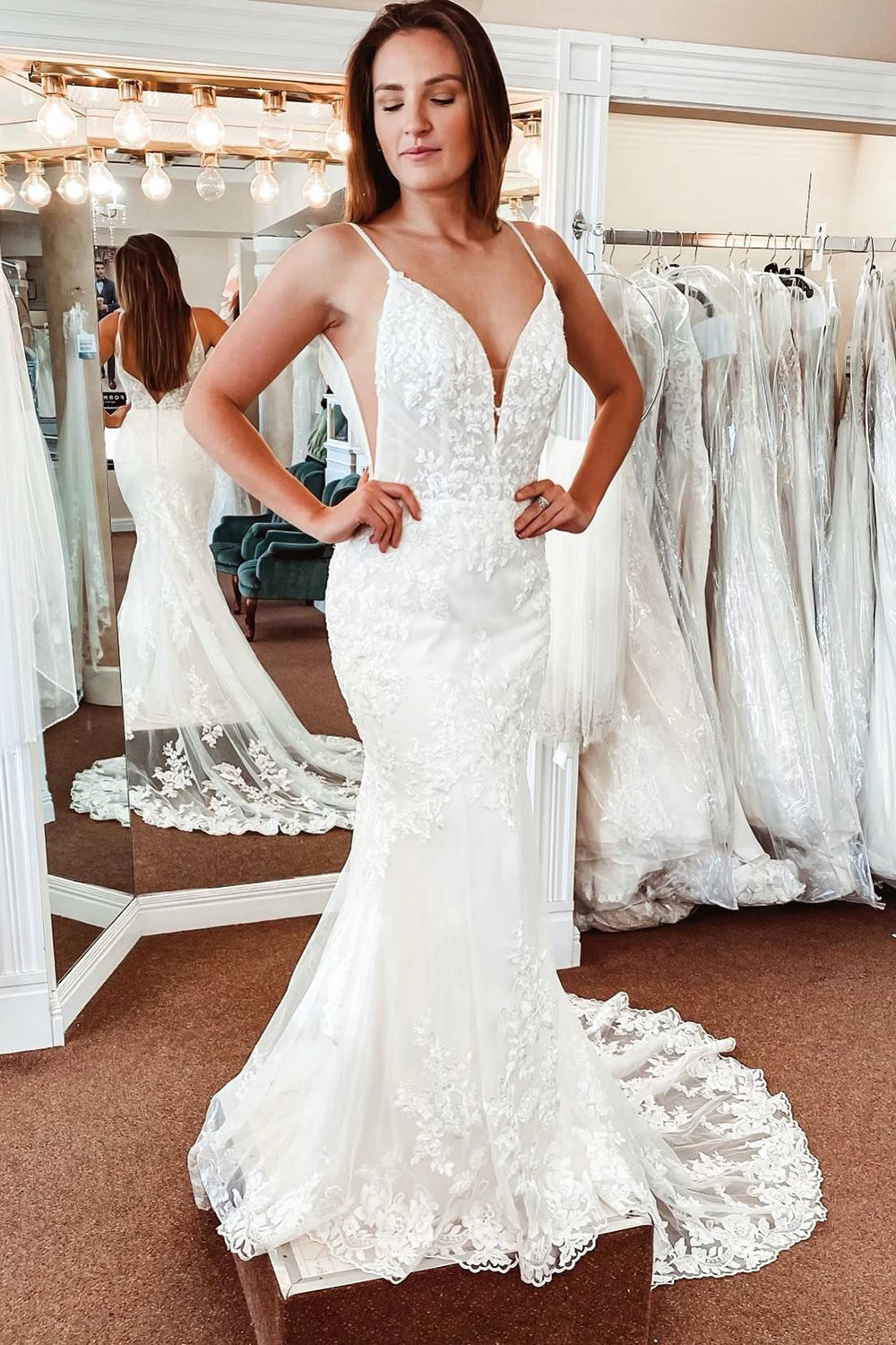 White Lace Mermaid Backless Long Wedding Dress