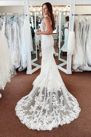 White Lace Mermaid Backless Long Wedding Dress