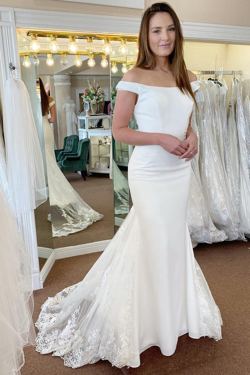 Load image into Gallery viewer, White Off the Shoulder Long Mermaid Wedding Dress with Lace