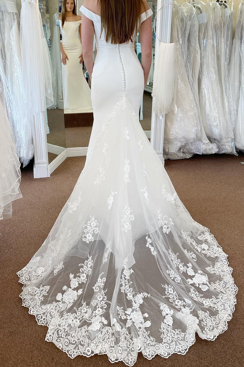 Load image into Gallery viewer, White Off the Shoulder Long Mermaid Wedding Dress with Lace