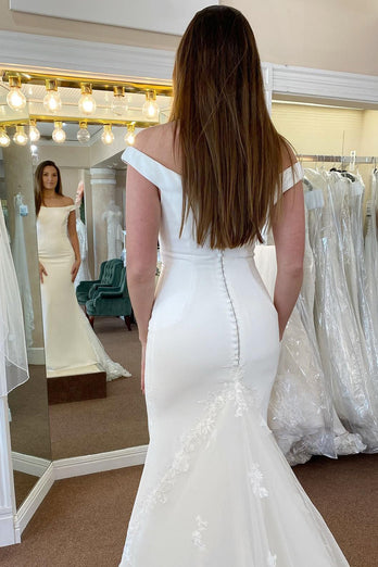 White Off the Shoulder Long Mermaid Wedding Dress with Lace