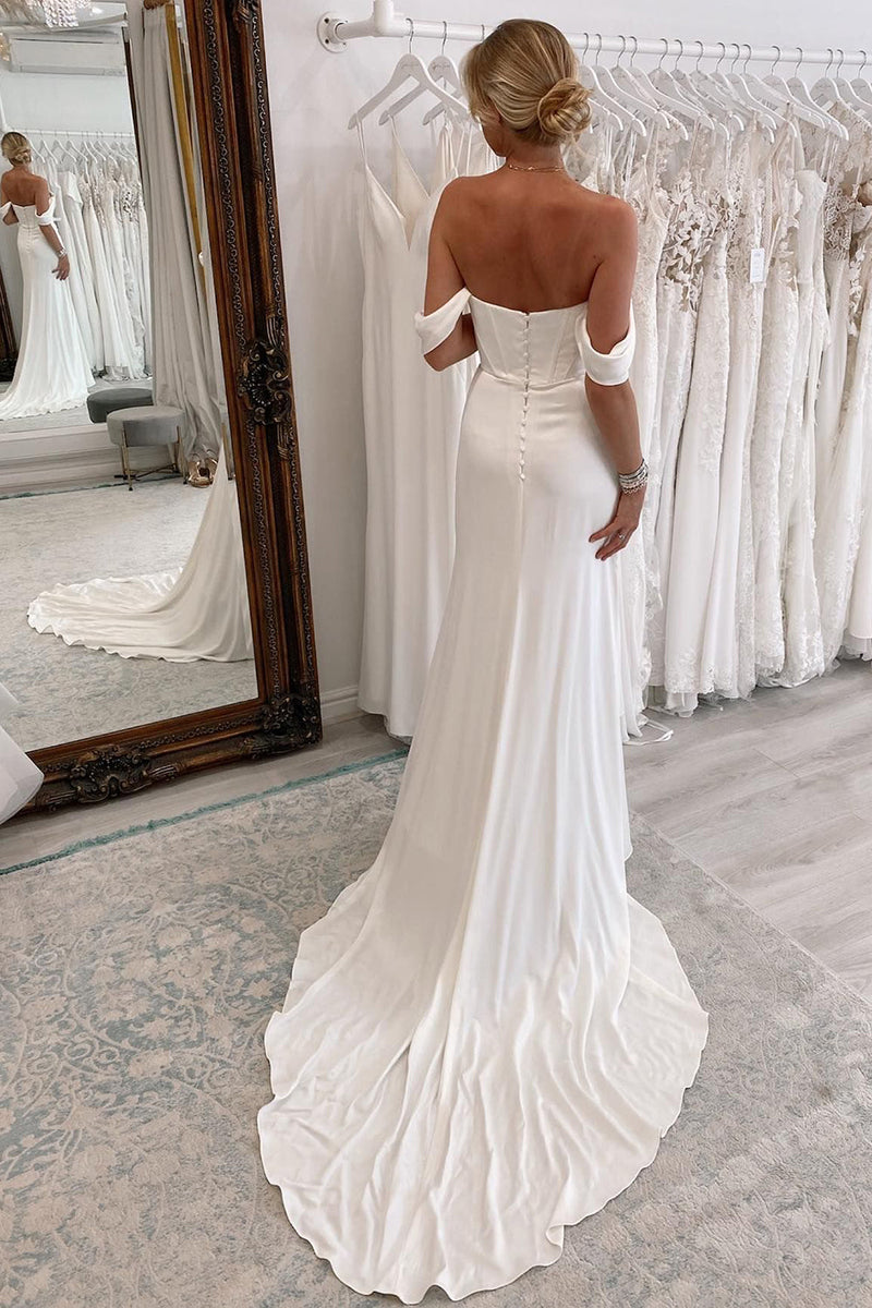 Load image into Gallery viewer, Simple White Long Boho Mermaid Wedding Dress with Slit