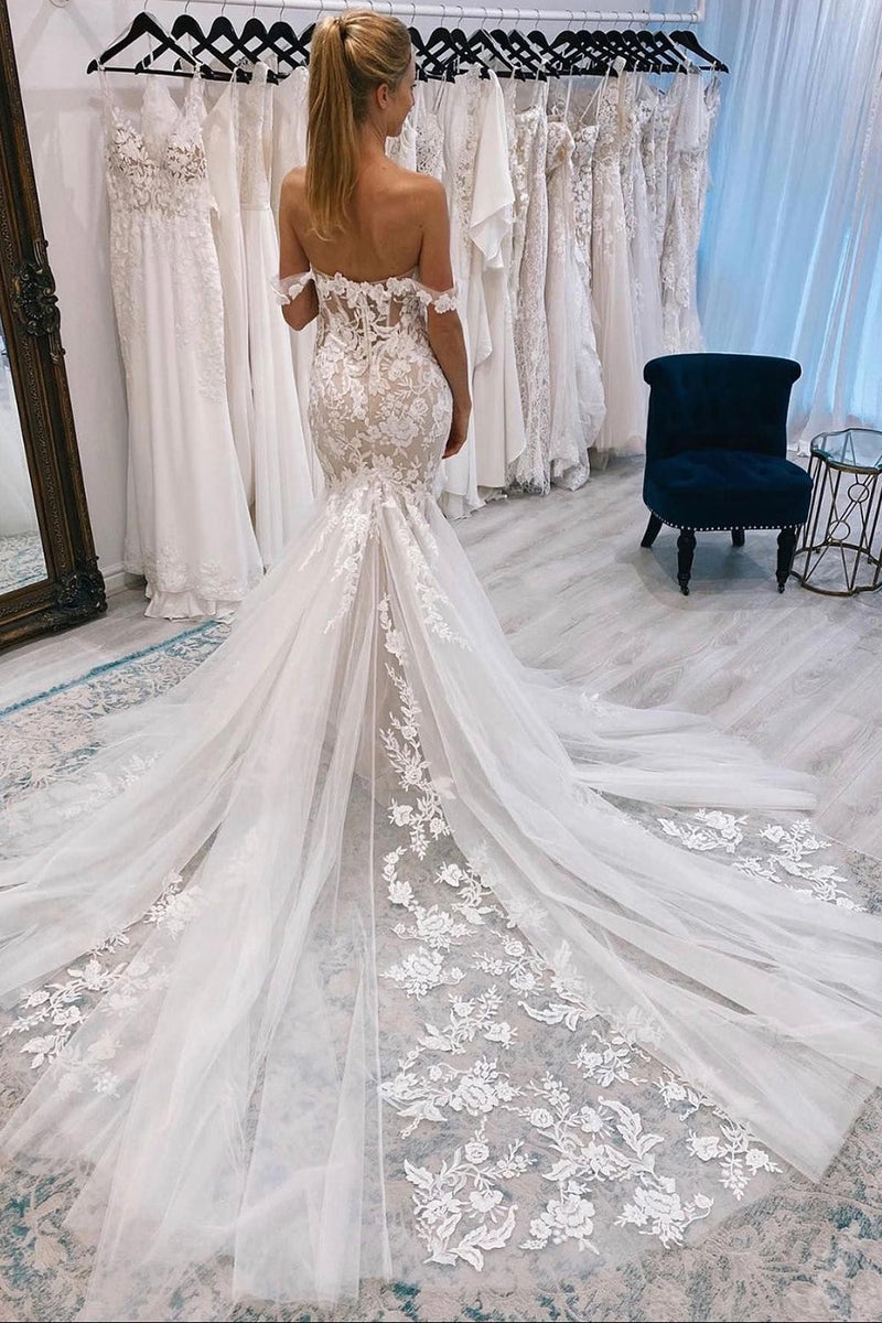 Load image into Gallery viewer, Ivory Off the Shoulder Long Lace Mermaid Wedding Dress