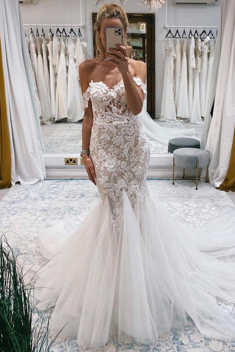 Load image into Gallery viewer, Ivory Off the Shoulder Long Lace Mermaid Wedding Dress