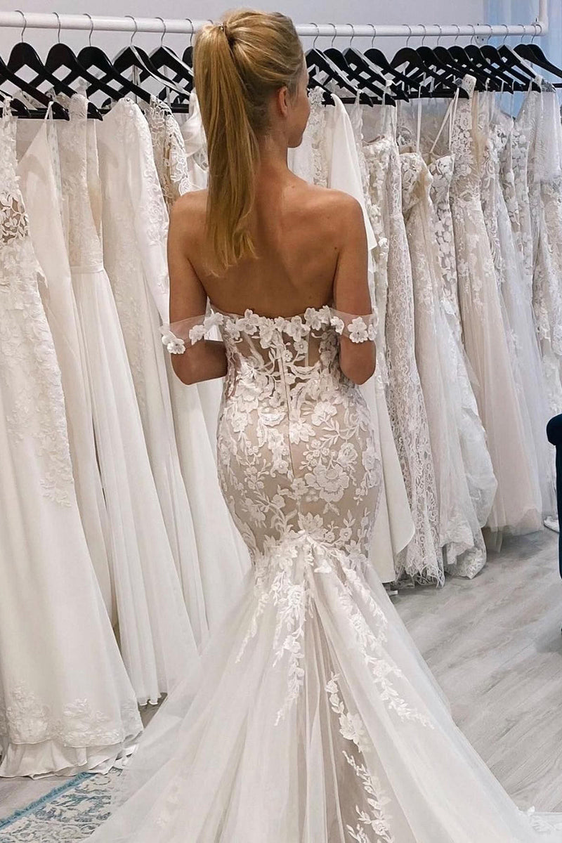 Load image into Gallery viewer, Ivory Off the Shoulder Long Lace Mermaid Wedding Dress