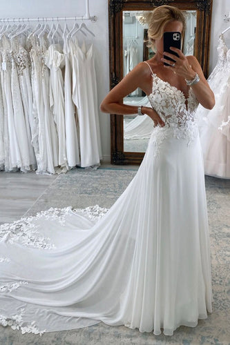 White Long Chiffon Boho A-Line Wedding Dress with Lace
