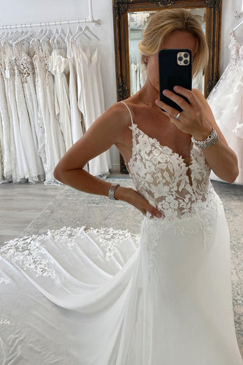 White Long Chiffon Boho A-Line Wedding Dress with Lace