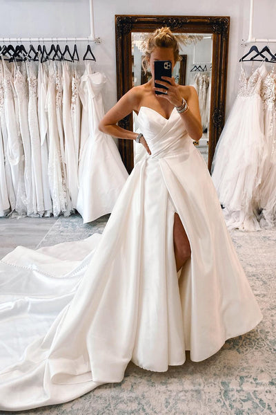 White Satin Long A-Line Wedding Dress with Slit