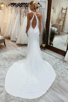Simple White Halter Open Back Long Wedding Dress