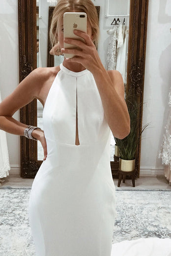 Simple White Halter Open Back Long Wedding Dress