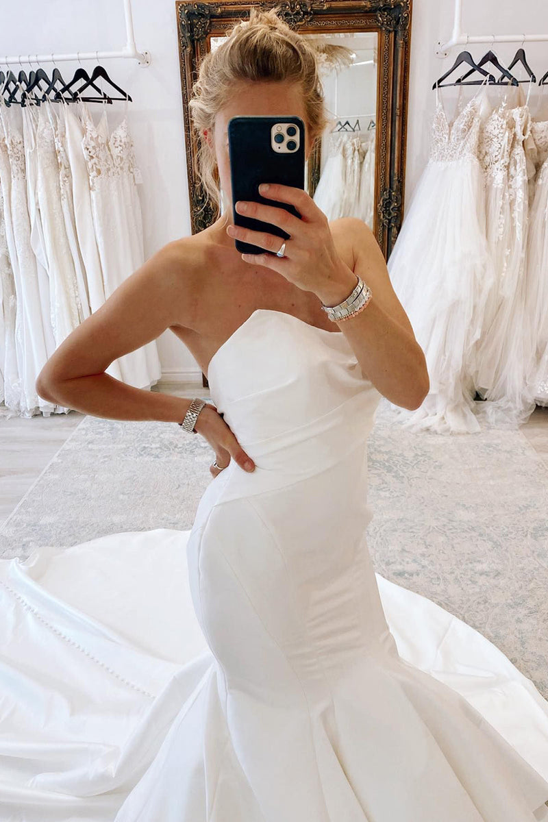Load image into Gallery viewer, White Strapless Satin Long Mermaid Wedding Dress