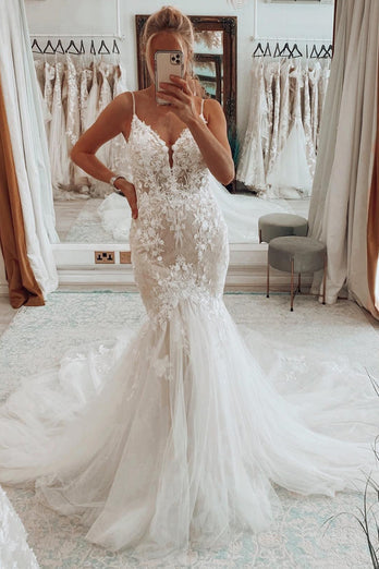 Ivory Mermaid Tulle Spaghetti Straps Long Wedding Dress