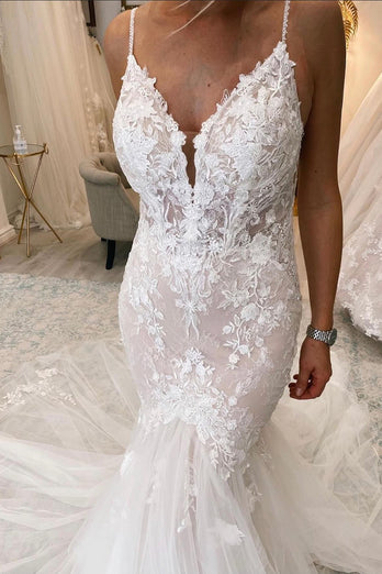 Ivory Mermaid Tulle Spaghetti Straps Long Wedding Dress