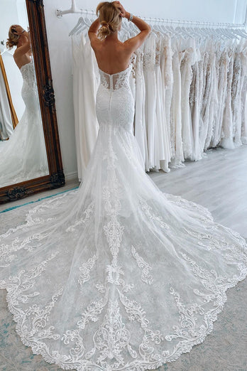 White Long Tulle Mermaid Wedding Dress with Lace