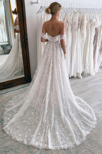 Ivory Off the Shoulder Long Lace Mermaid Wedding Dress with Appliques