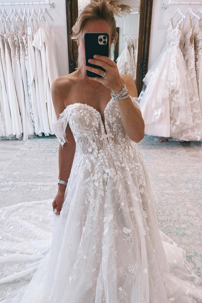 Load image into Gallery viewer, Ivory Off the Shoulder Long Lace Mermaid Wedding Dress with Appliques