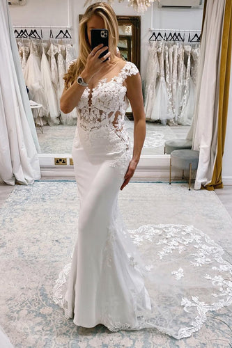 White Mermaid Deep V-Neck Cap Sleeves Long Wedding Dress with Lace