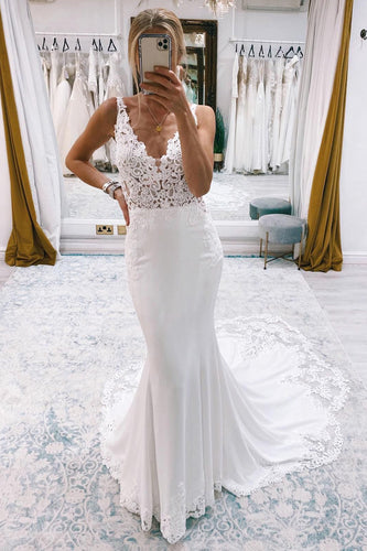 Mermaid White Deep V-Neck Long Wedding Dress with Lace