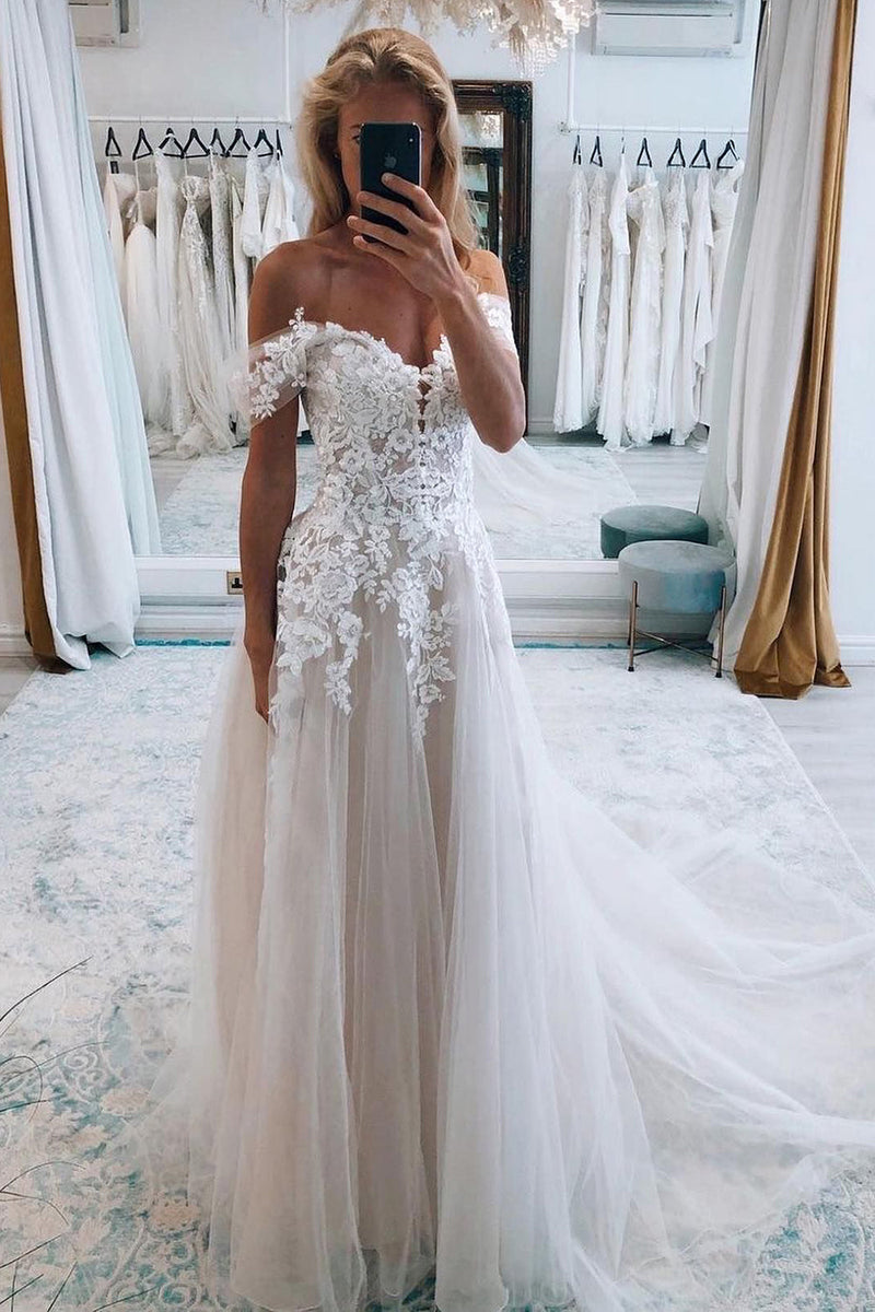 Load image into Gallery viewer, A-Line Ivory Off the Shoulder Long Wedding Dress with Lace