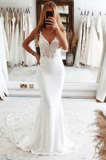 White Mermaid Lace Long Backless Wedding Dress with Button