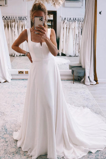 Simple White Square Neck Boho Long Chiffon Wedding Dress